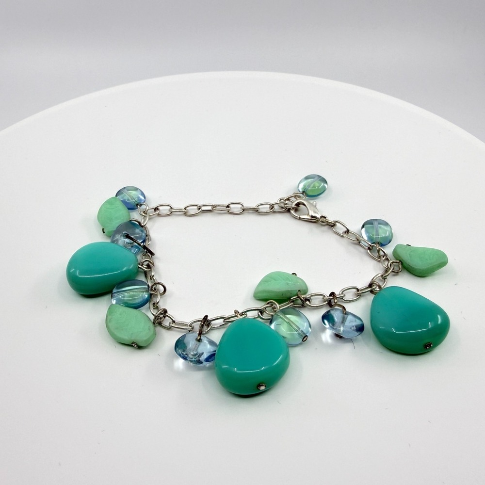Vintage Silver Tone Simulated Turquoise Teardrop Charm Bracelet Boho Retro 90s